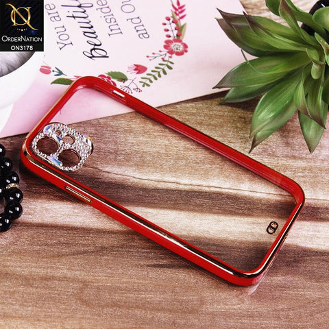 iPhone 11 Cover - Red - Electroplating Soft Square Straight Edge Transparent Soft Case With Rhinestone Camera Protection