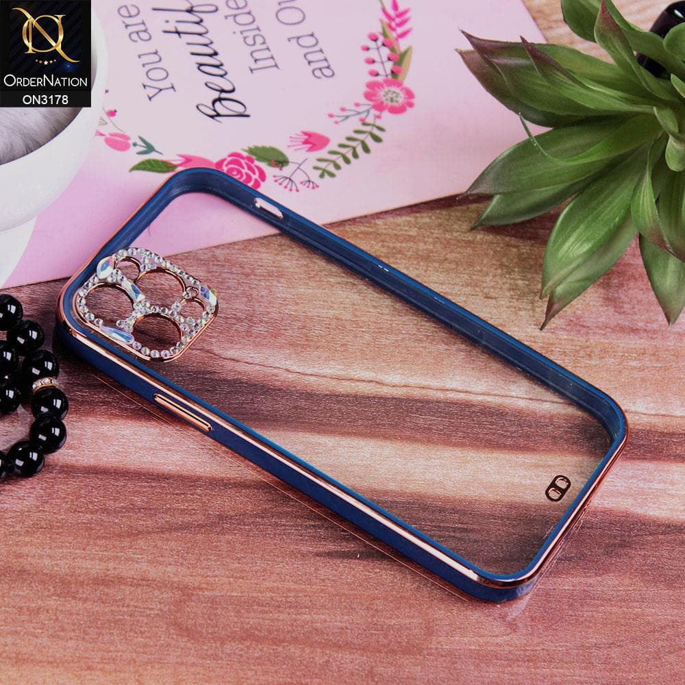 iPhone 12 Pro Cover - Blue - Electroplating Soft Square Straight Edge Transparent Soft Case With Rhinestone Camera Protection