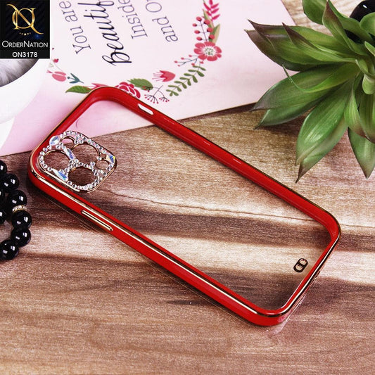 iPhone 12 Pro Cover - Red - Electroplating Soft Square Straight Edge Transparent Soft Case With Rhinestone Camera Protection