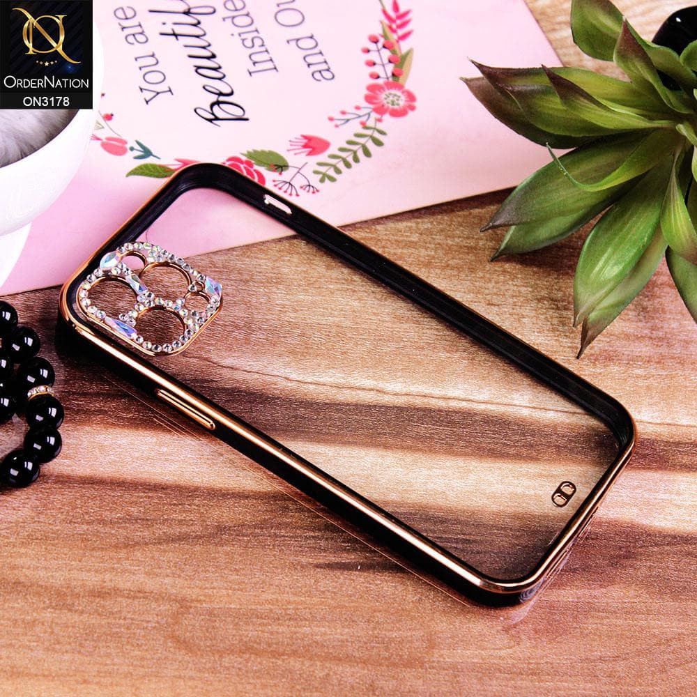 iPhone 12 Pro Max Cover - Black - Electroplating Soft Square Straight Edge Transparent Soft Case With Rhinestone Camera Protection