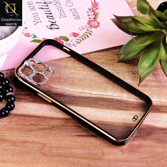iPhone 12 Pro Max Cover - Black - Electroplating Soft Square Straight Edge Transparent Soft Case With Rhinestone Camera Protection