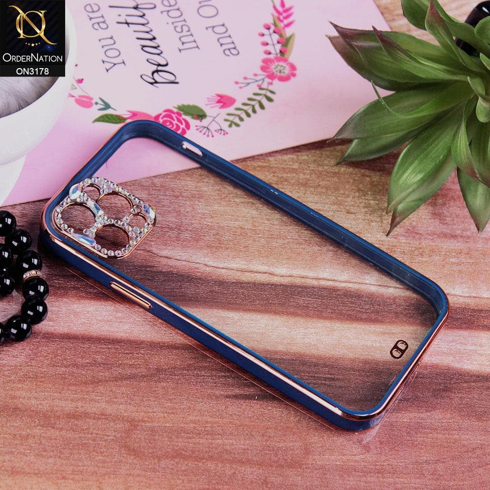 iPhone 12 Pro Max Cover - Blue - Electroplating Soft Square Straight Edge Transparent Soft Case With Rhinestone Camera Protection