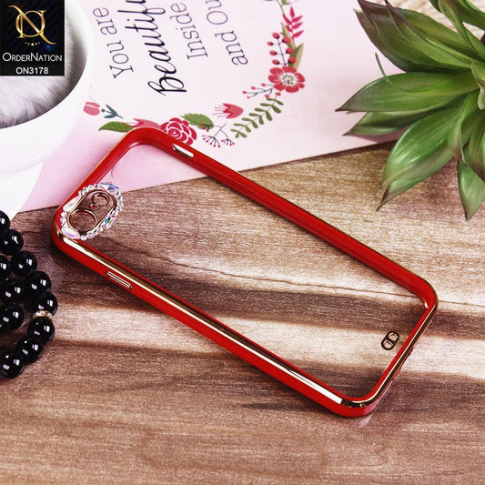 iPhone SE 2020 Cover - Red - Electroplating Soft Square Straight Edge Transparent Soft Case With Rhinestone Camera Protection