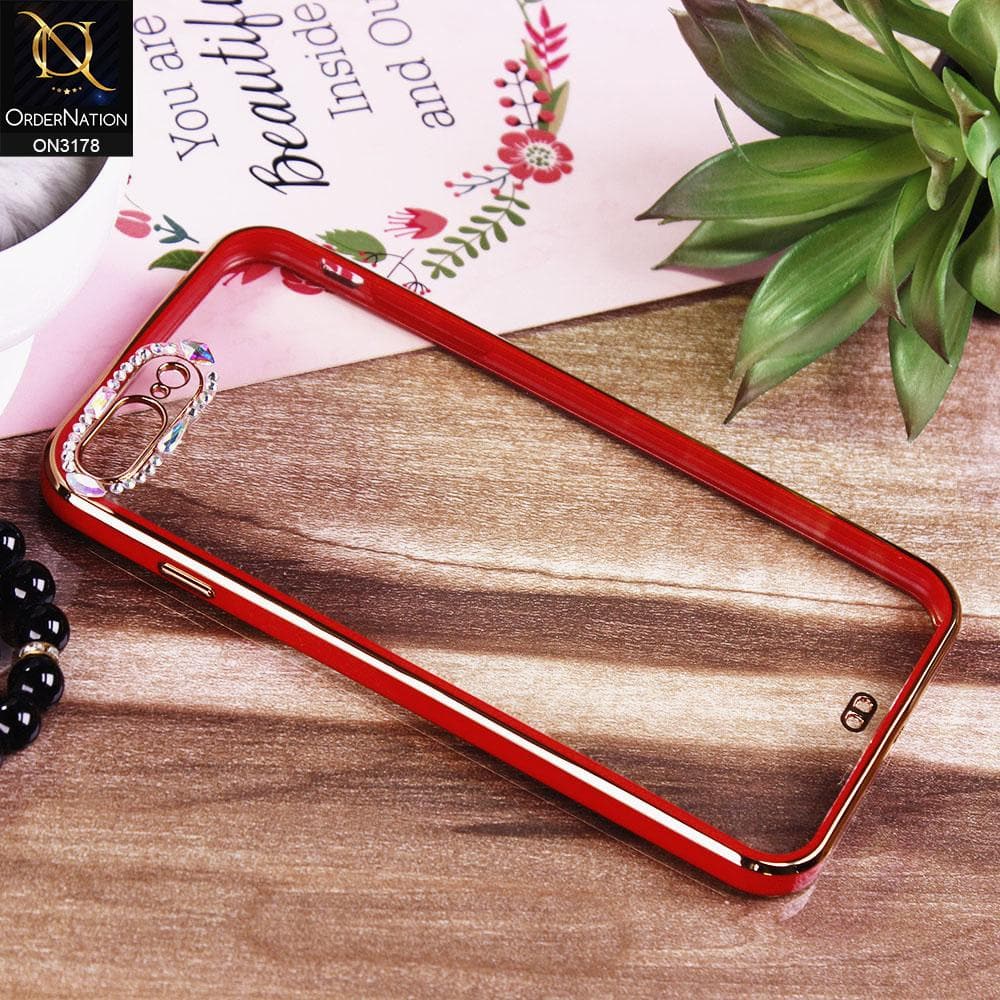 iPhone 8 Plus / 7 Plus Cover - Red - Electroplating Soft Square Straight Edge Transparent Soft Case With Rhinestone Camera Protection