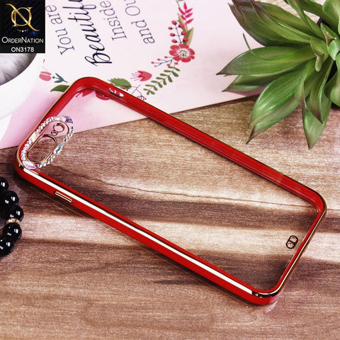 iPhone 8 Plus / 7 Plus Cover - Red - Electroplating Soft Square Straight Edge Transparent Soft Case With Rhinestone Camera Protection