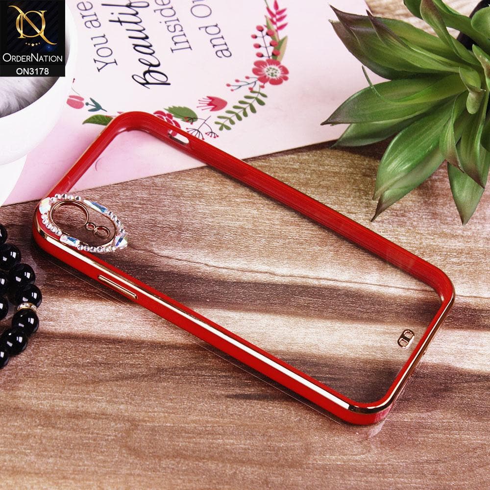 iPhone XR Cover - Red - Electroplating Soft Square Straight Edge Transparent Soft Case With Rhinestone Camera Protection