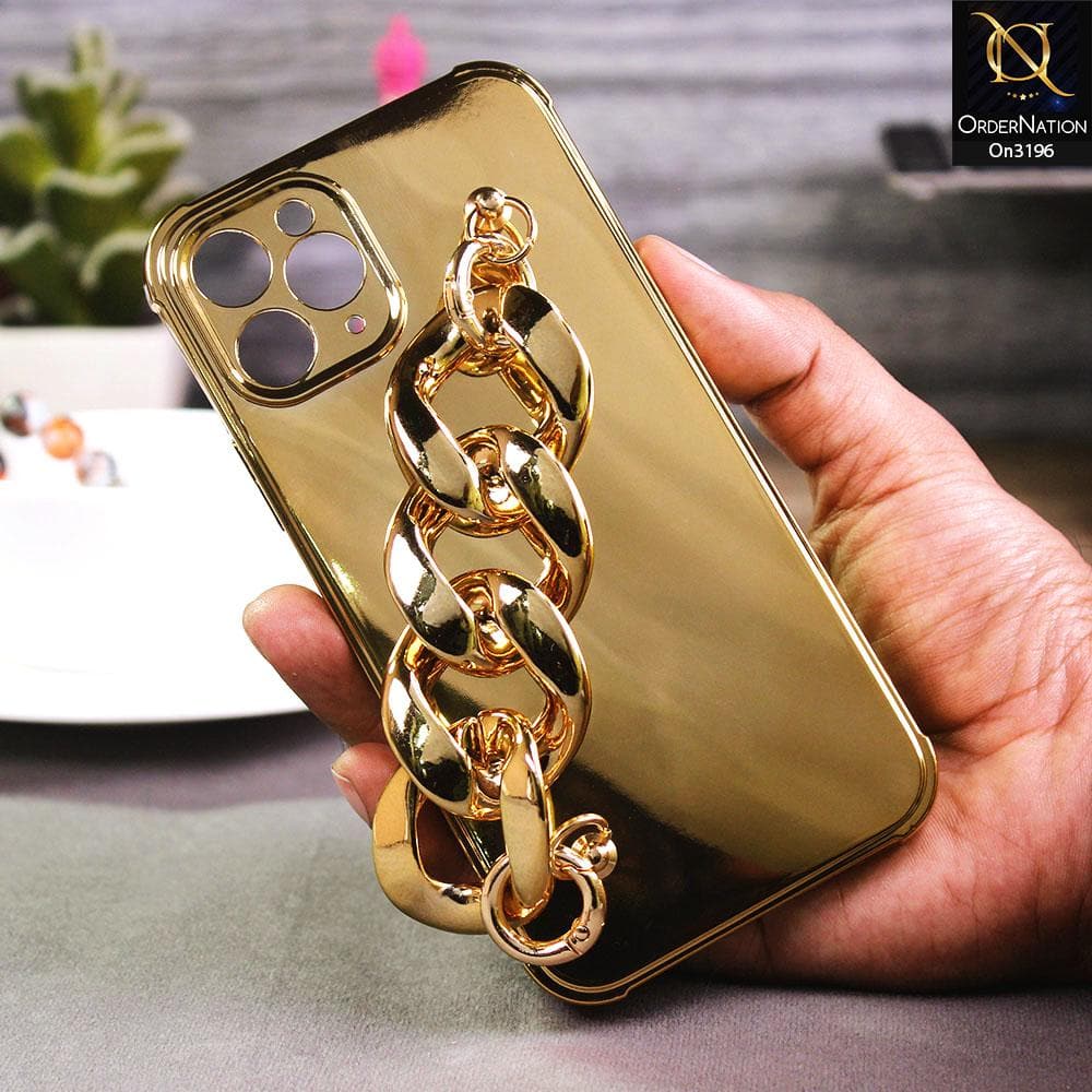 iPhone 11 Pro Cover - Golden - Luxury Mirror Shine Color Electroplated Soft TPU Case With Bracelate Holder