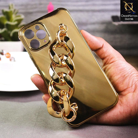 iPhone 11 Pro Cover - Golden - Luxury Mirror Shine Color Electroplated Soft TPU Case With Bracelate Holder