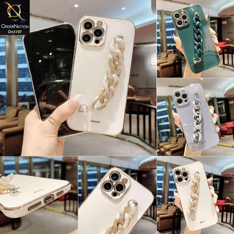 iPhone 12 Pro Max Cover - White - Shiny Electroplated Borders Camera Protection Case with Marble Style Chain Holder