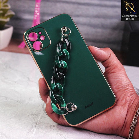 iPhone 11 Cover - Green - Shiny Electroplated Borders Camera Protection Case with Marble Style Chain Holder