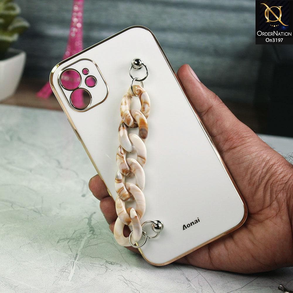 iPhone 11 Cover - White - Shiny Electroplated Borders Camera Protection Case with Marble Style Chain Holder