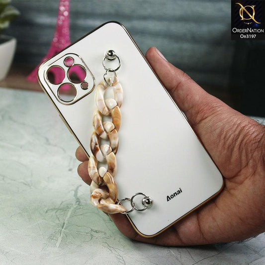 iPhone 11 Pro Max Cover - White - Shiny Electroplated Borders Camera Protection Case with Marble Style Chain Holder