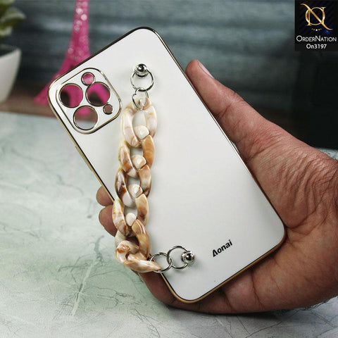 iPhone 11 Pro Max Cover - White - Shiny Electroplated Borders Camera Protection Case with Marble Style Chain Holder