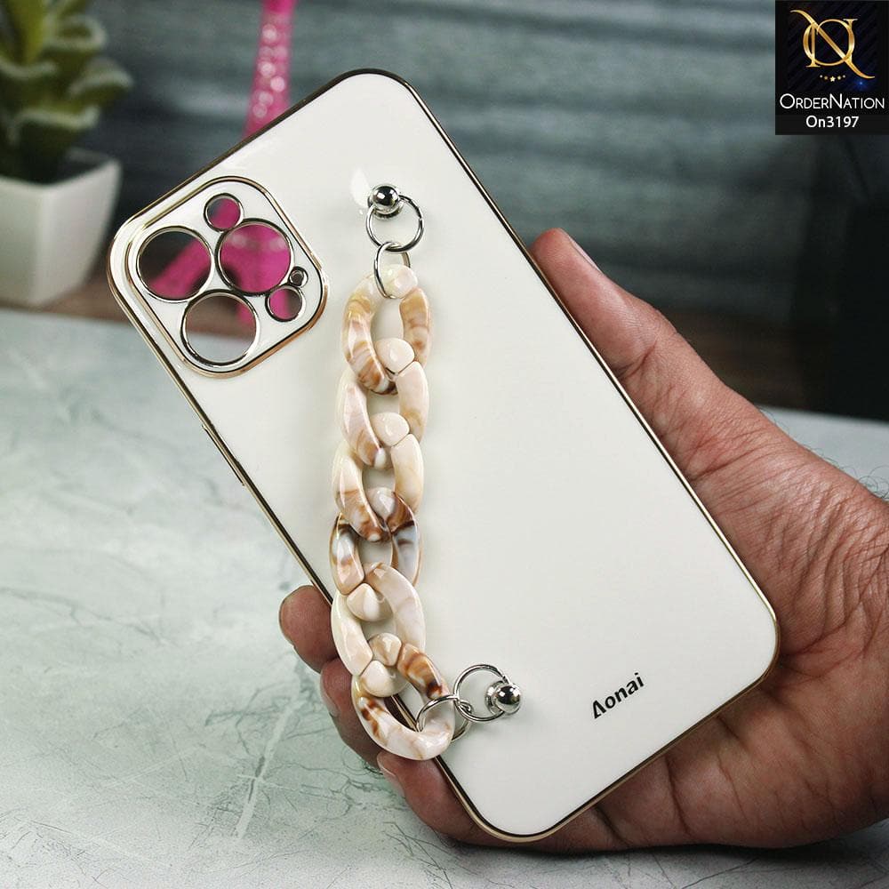 iPhone 12 Pro Max Cover - White - Shiny Electroplated Borders Camera Protection Case with Marble Style Chain Holder
