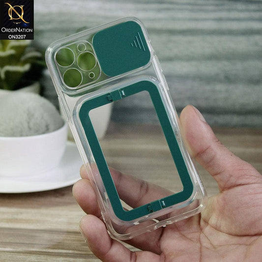 iPhone 11 Pro Cover - Green - Grip Stand Holder Camera Protection Soft Transparent Case