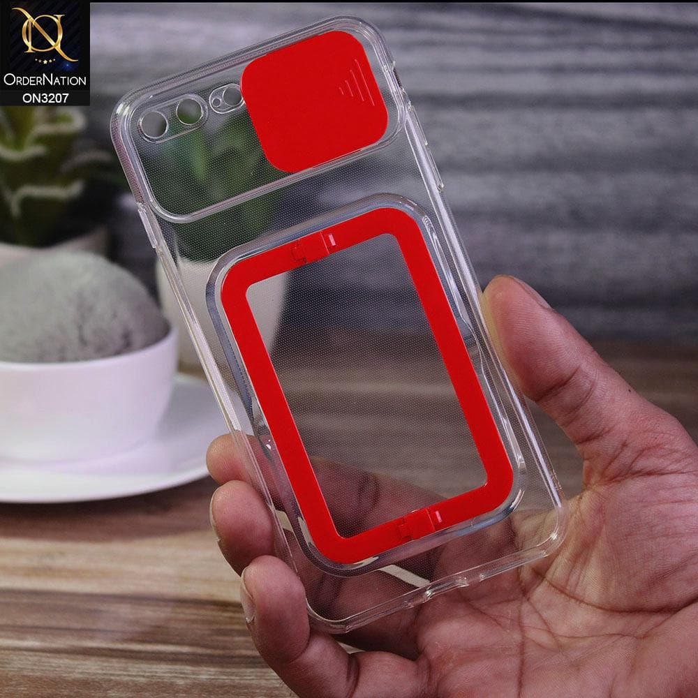 iPhone 8 Plus / 7 Plus Cover - Red - Grip Stand Holder Camera Protection Soft Transparent Case