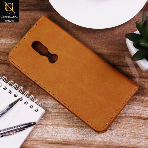 OnePlus 6 Cover - Light Brown - ONation Elegant Flip Series - Leather Wallet Flip book Card Slots Soft Case