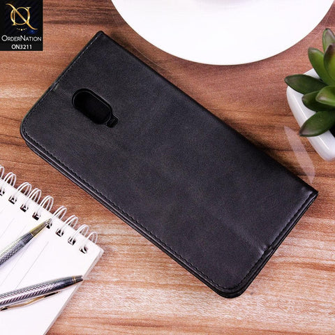 OnePlus 6T Cover - Black - ONation Elegant Flip Series - Leather Wallet Flip book Card Slots Soft Case