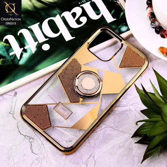 iPhone 11 Pro Max Cover - Golden - Premium Quality Electroplated Clear Pattern Stylish Case with Bling Ring Holder