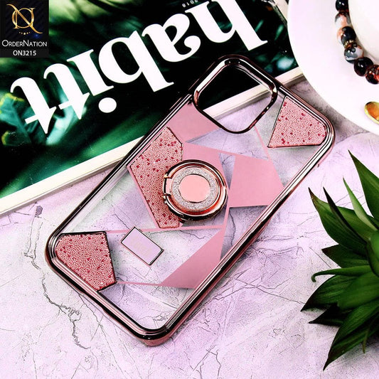 iPhone 12 Pro Max Cover - Rose Gold - Premium Quality Electroplated Clear Pattern Stylish Case with Bling Ring Holder