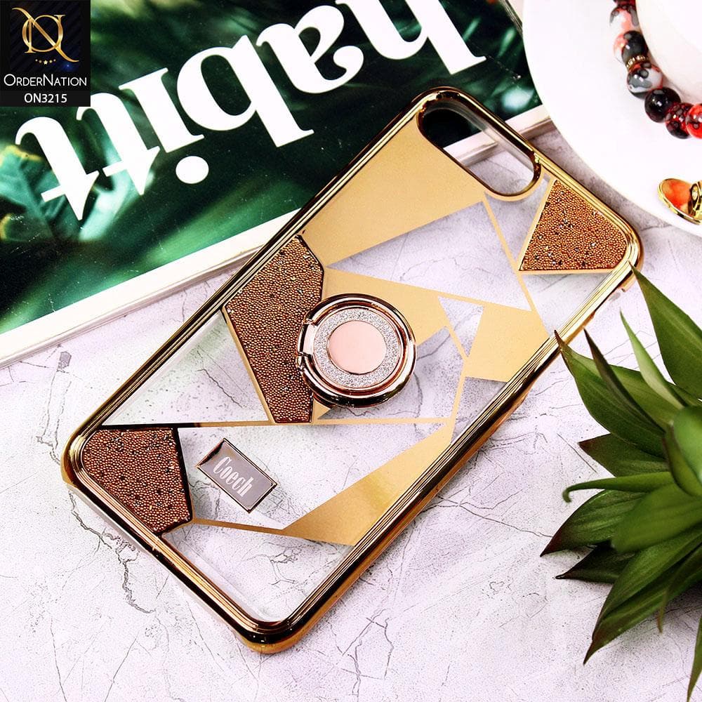iPhone 8 Plus / 7 Plus Cover - Golden - Premium Quality Electroplated Clear Pattern Stylish Case with Bling Ring Holder