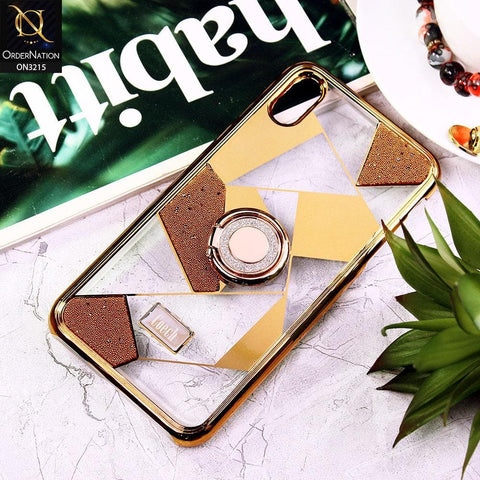 iPhone XS / X Cover - Golden - Premium Quality Electroplated Clear Pattern Stylish Case with Bling Ring Holder