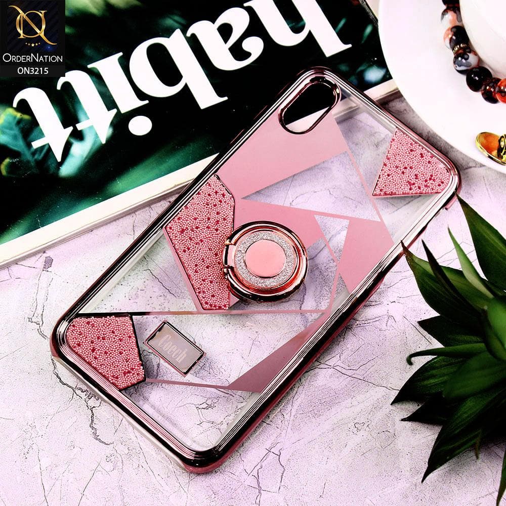 iPhone XS / X Cover - Rose Gold - Premium Quality Electroplated Clear Pattern Stylish Case with Bling Ring Holder