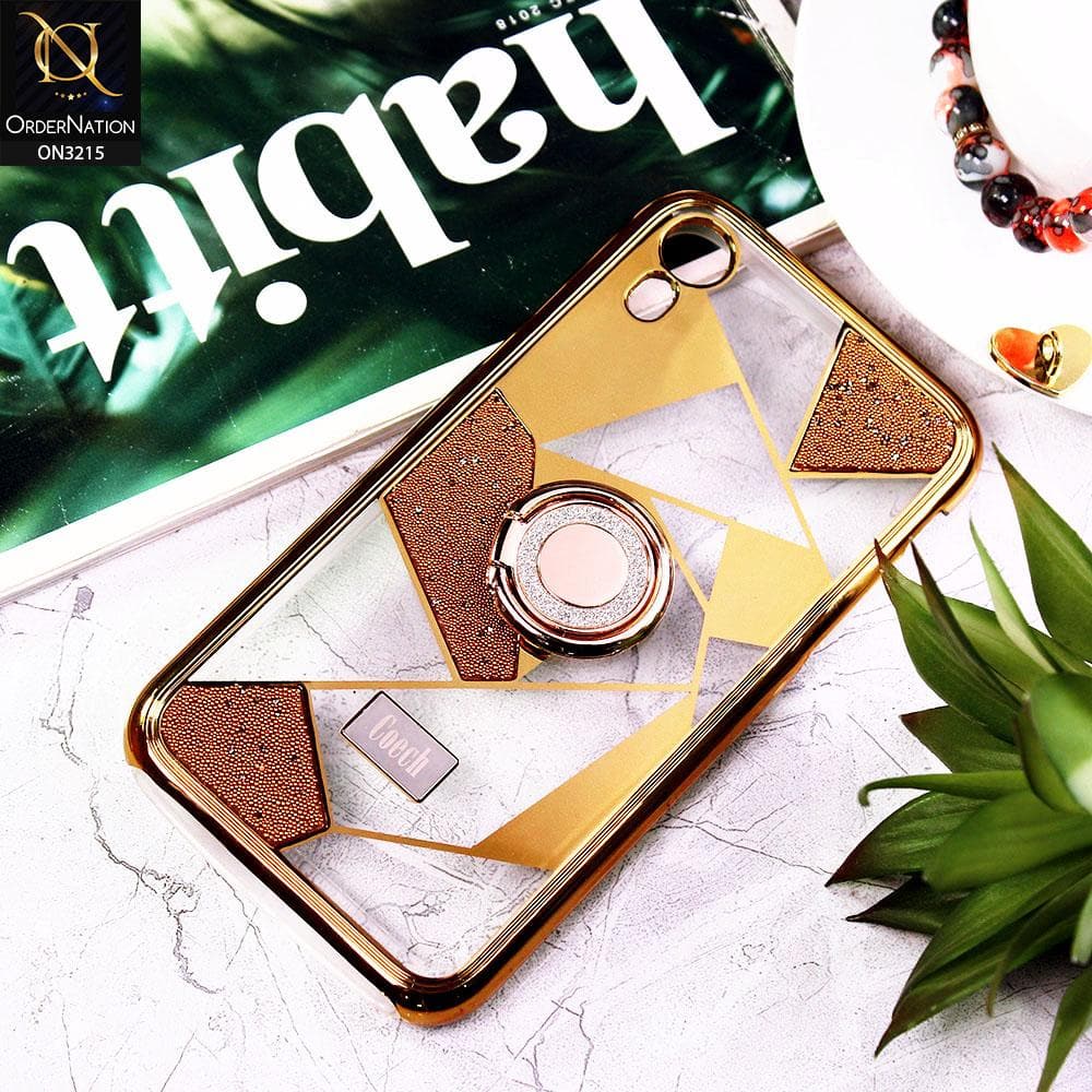 iPhone XR Cover - Golden - Premium Quality Electroplated Clear Pattern Stylish Case with Bling Ring Holder
