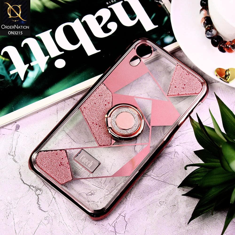 iPhone XR Cover - Rose Gold - Premium Quality Electroplated Clear Pattern Stylish Case with Bling Ring Holder