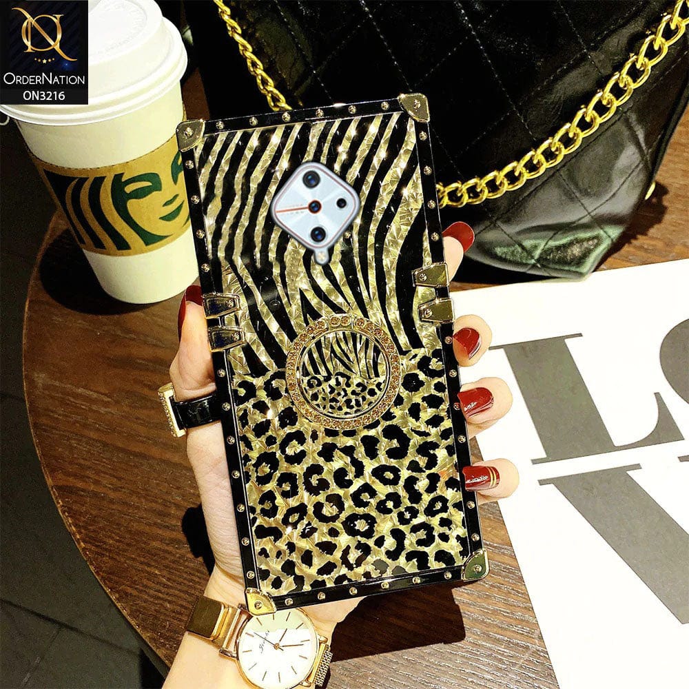 Vivo Y51 (2020 September) Cover - Design1 - Trendy Stripes Pattern Golden Square Case With Matching Bling Ring Holder