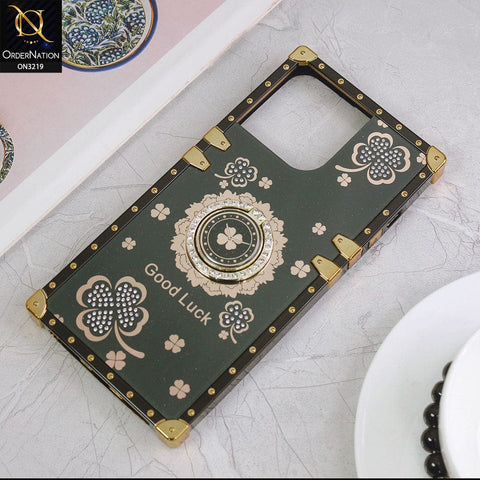 iPhone 14 Pro Max Cover - Green - Square Bling Diamond Glitter Soft TPU Trunk Case with Ring Holder