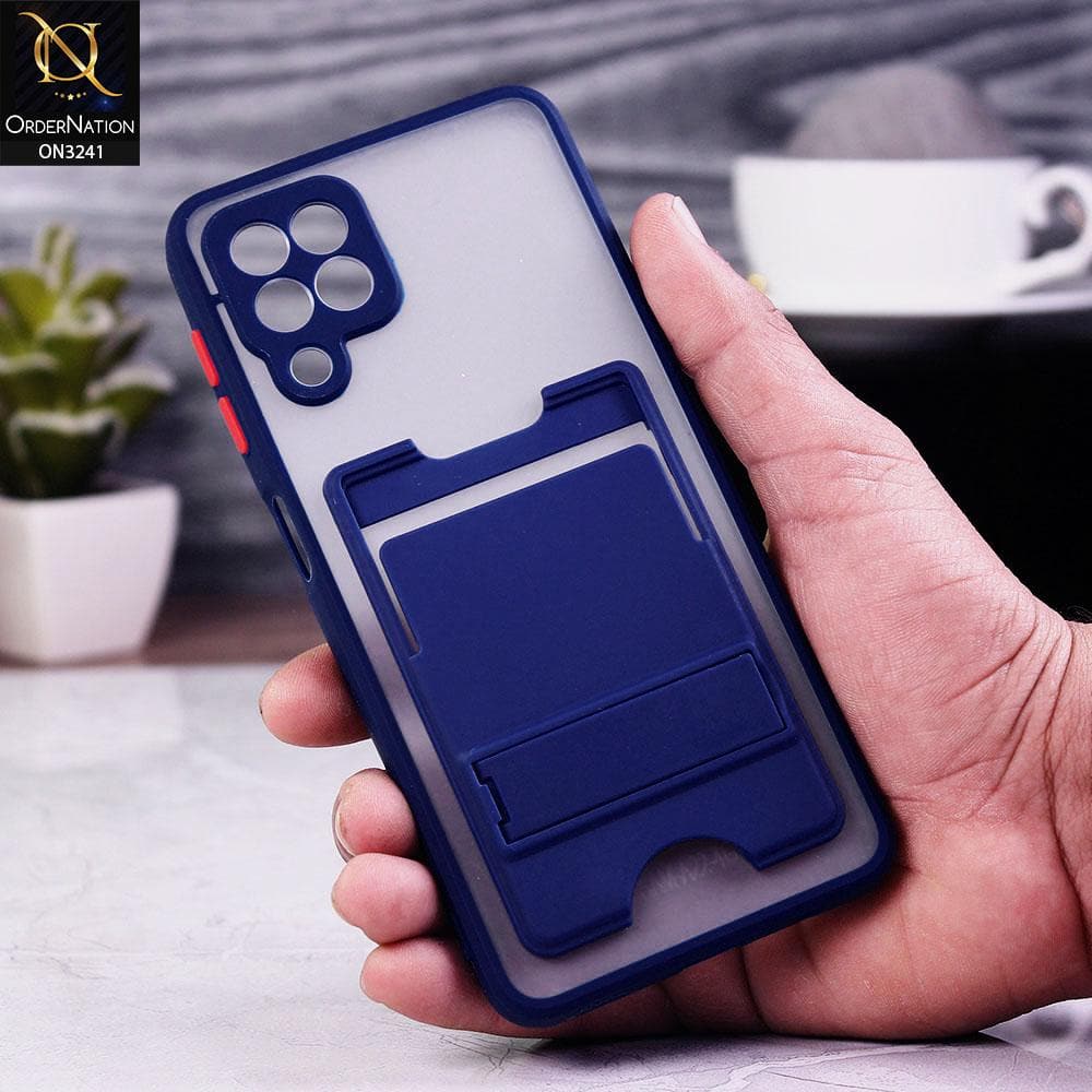 Samsung Galaxy M22 Cover - Blue - Soft Borders Semi Transparent Card Holder Kick Stand Case with Camera Protetection
