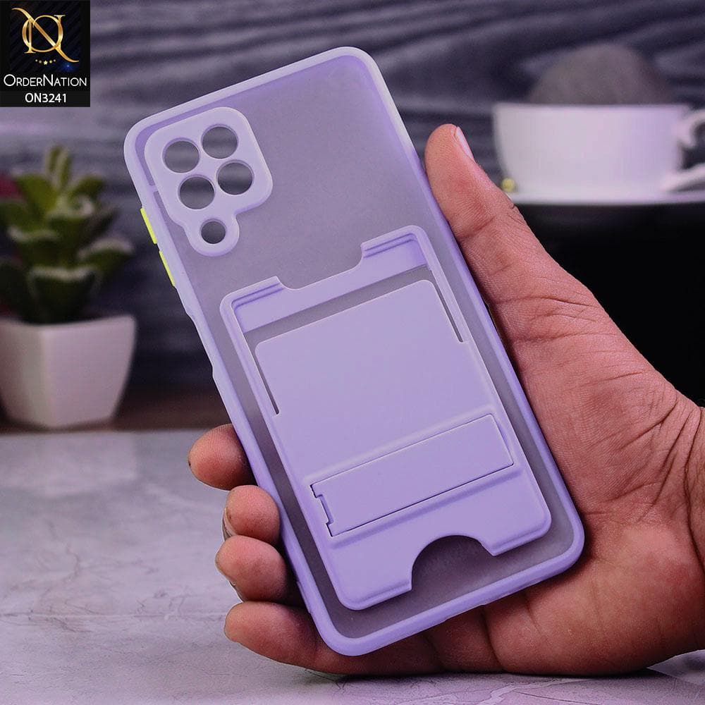 Samsung Galaxy A22 Cover - Purple - Soft Borders Semi Transparent Card Holder Kick Stand Case with Camera Protetection