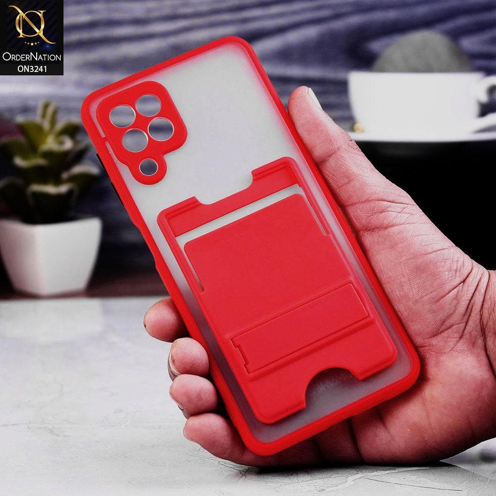 Samsung Galaxy A22 Cover - Red - Soft Borders Semi Transparent Card Holder Kick Stand Case with Camera Protetection