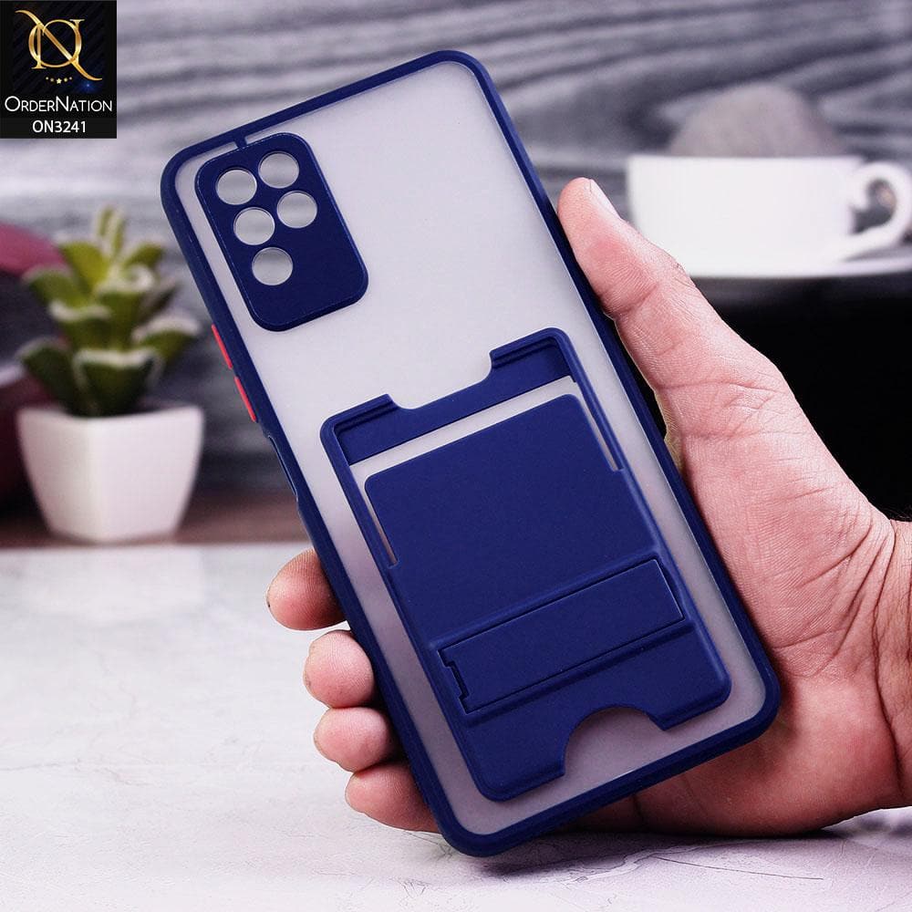 Infinix Note 10 Cover - Blue - Soft Borders Semi Transparent Card Holder Kick Stand Case with Camera Protetection