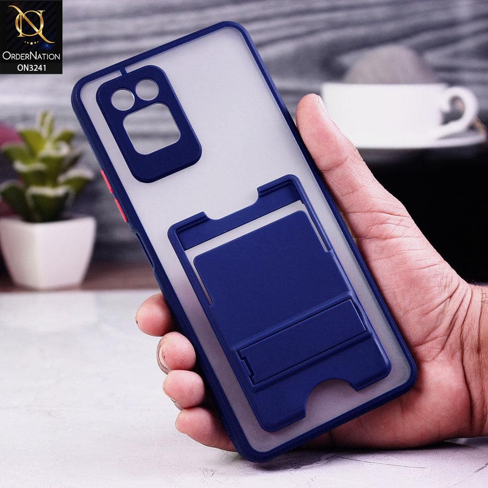 Infinix Note 10 Pro Cover - Blue - Soft Borders Semi Transparent Card Holder Kick Stand Case with Camera Protetection