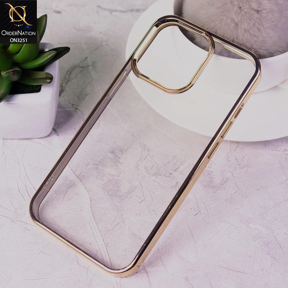 iPhone 13 Pro Max Cover - Golden - J-Case Electroplating Color Borders Clear Transparent Soft Case