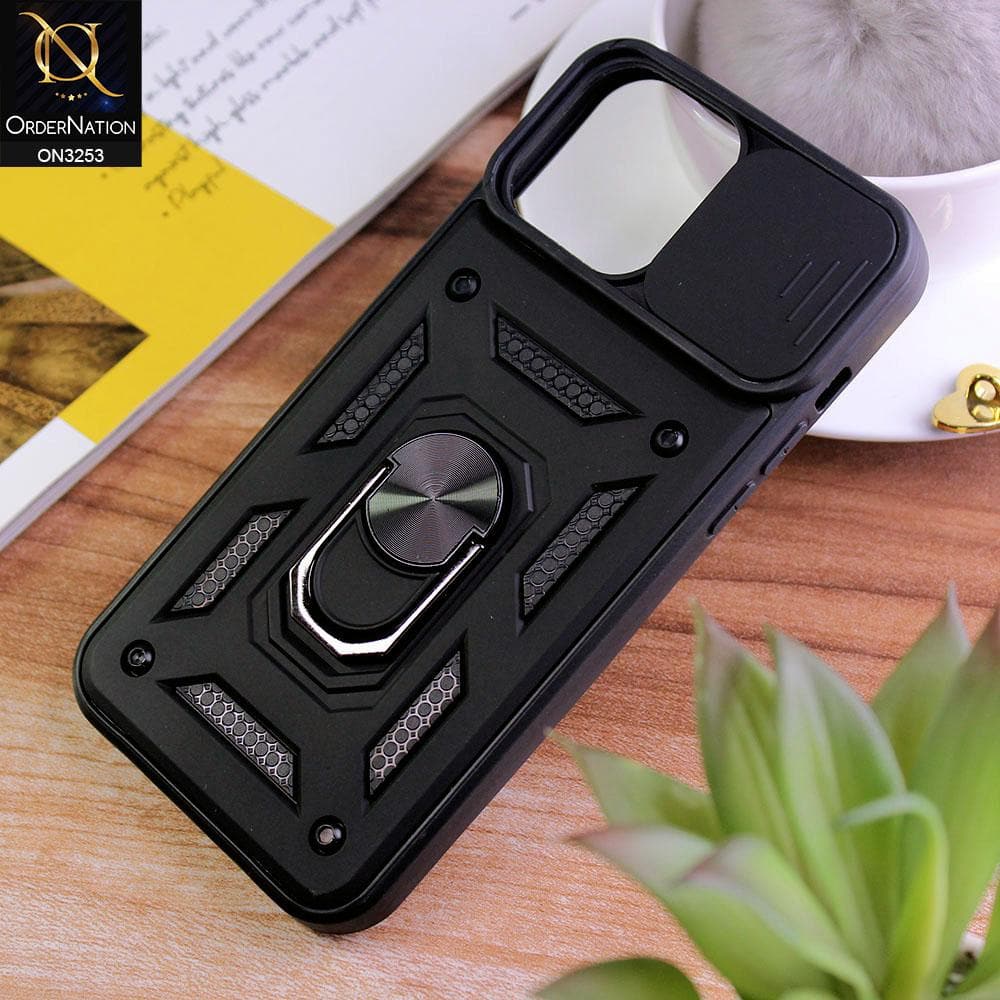 iPhone 13 Pro Max Cover - Black - Shockproof  Ring Holder Camera Slider Soft Cases