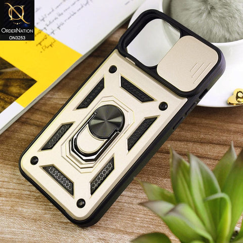 iPhone 13 Pro Max Cover - Golden - Shockproof  Ring Holder Camera Slider Soft Cases