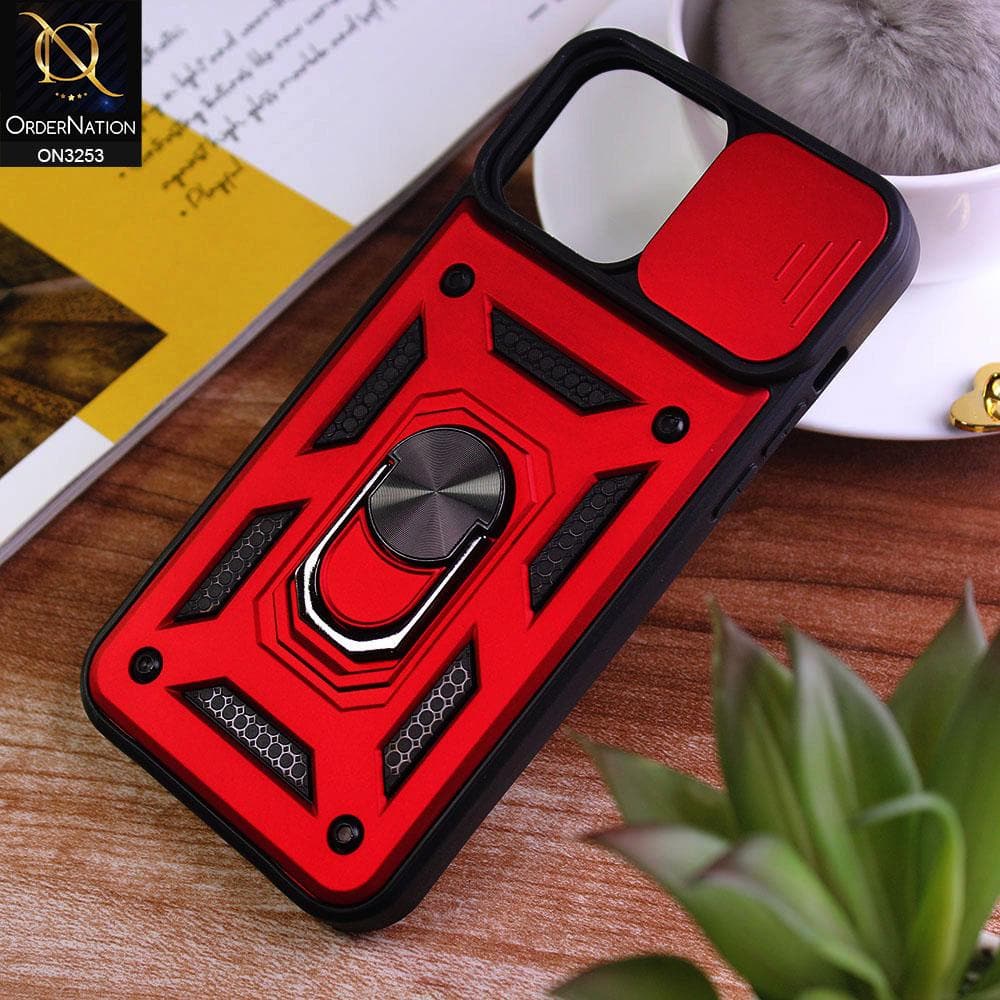 iPhone 13 Pro Max Cover - Red - Shockproof  Ring Holder Camera Slider Soft Cases