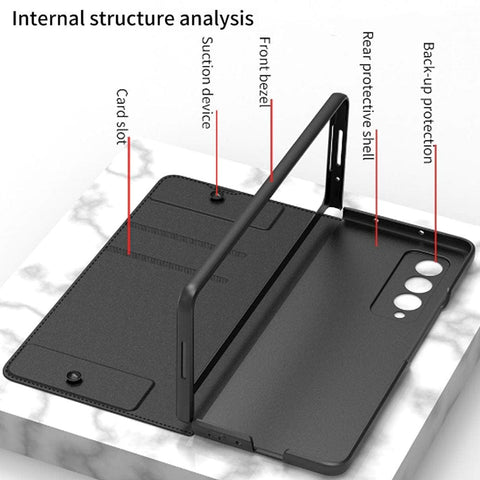 Samsung Galaxy Z Fold 3 5G Cover - Black - GKK Removable S Pen Holder Flip Stand Folding Cover With Card Slot - (S Pen Not Included)
