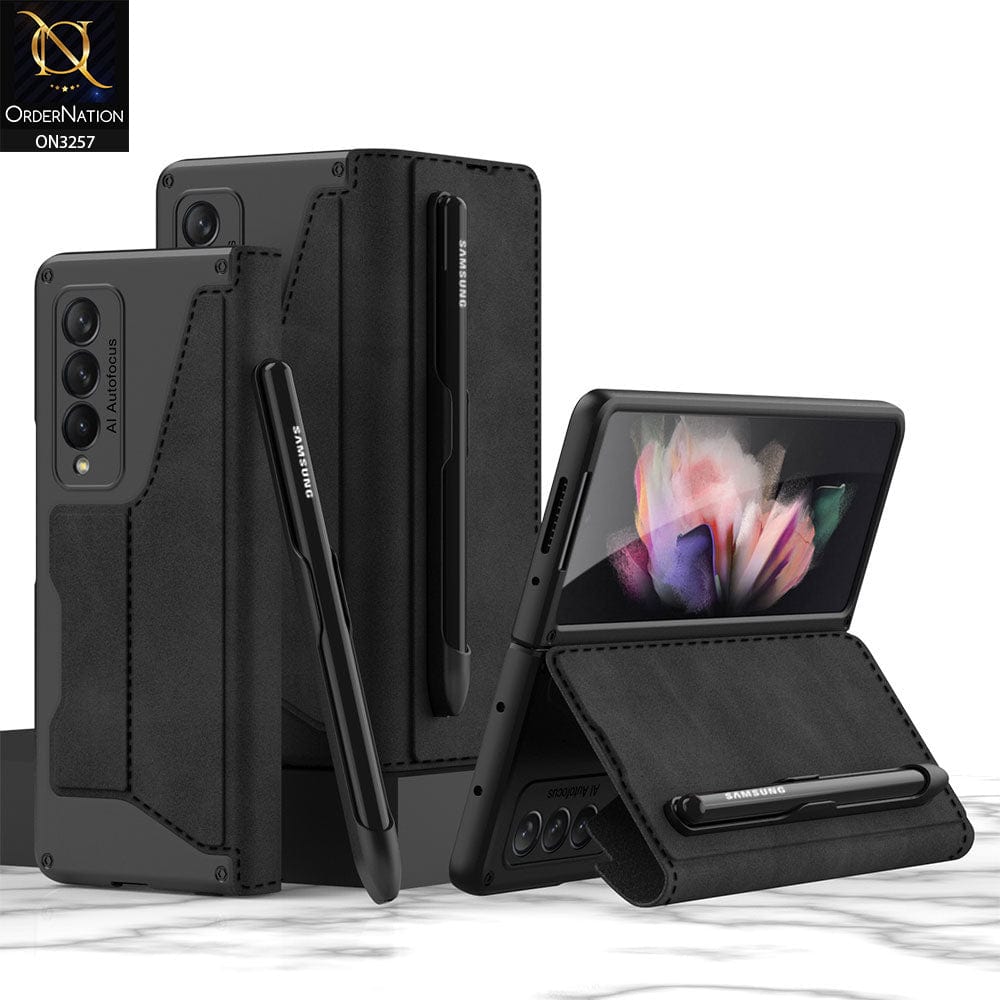 Samsung Galaxy Z Fold 3 5G Cover - Black - GKK Removable S Pen Holder Flip Stand Folding Cover With Card Slot - (S Pen Not Included)