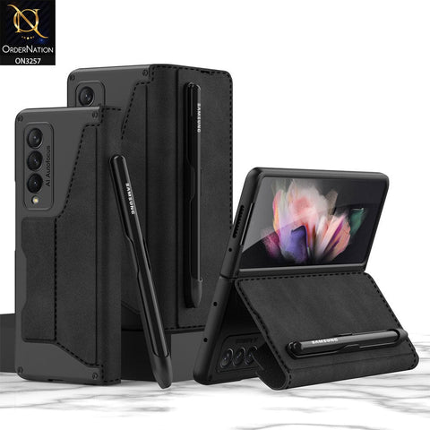 Samsung Galaxy Z Fold 3 5G Cover - Black - GKK Removable S Pen Holder Flip Stand Folding Cover With Card Slot - (S Pen Not Included)