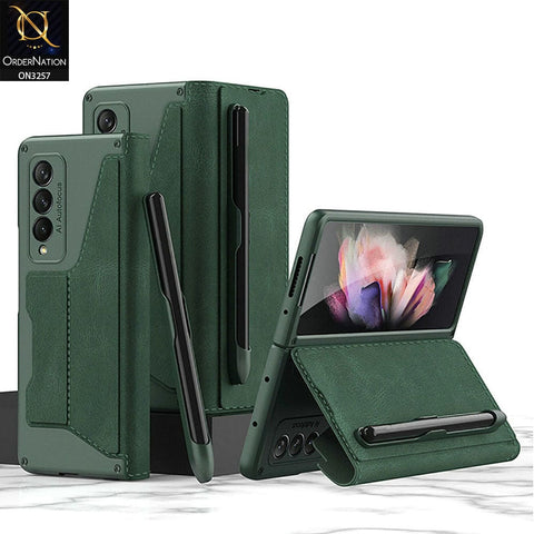 Samsung Galaxy Z Fold 4 5G Cover - Green - GKK Removable S Pen Holder Flip Stand Folding Cover With Card Slot - (S Pen Not Included)