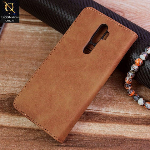 Oppo A9 2020 Cover - Light Brown - ONation Business Flip Series - Premium Magnetic Leather Wallet Flip book Card Slots Soft Case