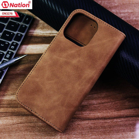 iPhone 13 Pro Max Cover - Light Brown - ONation Business Flip Series - Premium Magnetic Leather Wallet Flip book Card Slots Soft Case