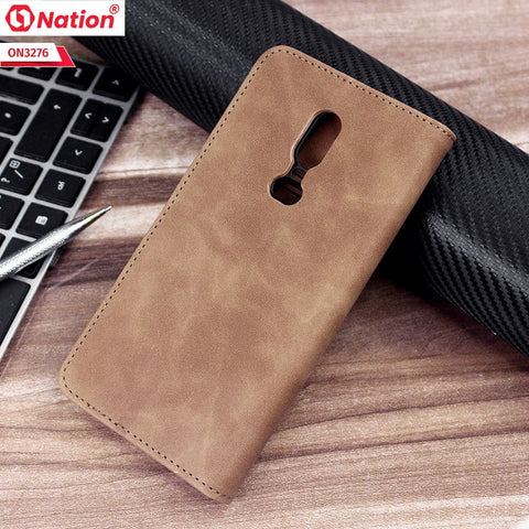 OnePlus 6 Cover - Light Brown - ONation Business Flip Series - Premium Magnetic Leather Wallet Flip book Card Slots Soft Case
