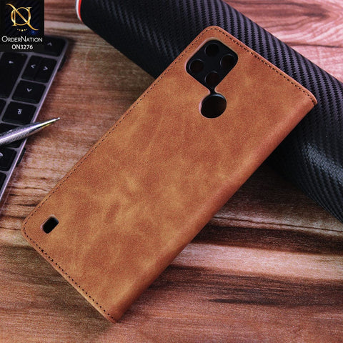 Realme C21Y Cover - Light Brown - ONation Business Flip Series - Premium Magnetic Leather Wallet Flip book Card Slots Soft Case