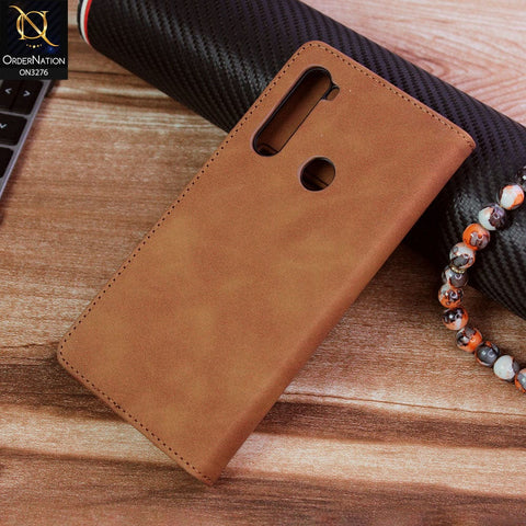 Xiaomi Redmi Note 8 2021 Cover - Light Brown - ONation Business Flip Series - Premium Magnetic Leather Wallet Flip book Card Slots Soft Case
