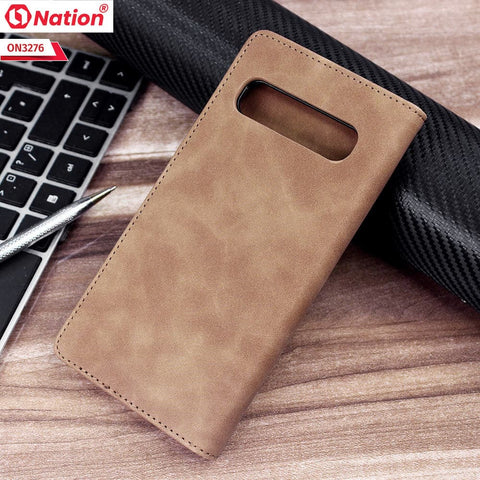 Samsung Galaxy S10 5G Cover - Light Brown - ONation Business Flip Series - Premium Magnetic Leather Wallet Flip book Card Slots Soft Case